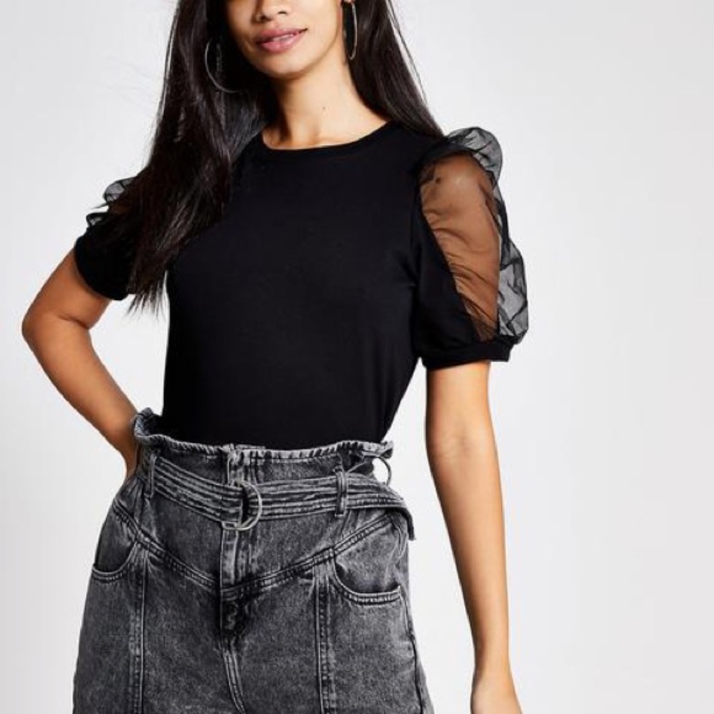 Black Mesh Puff Sleeve Top